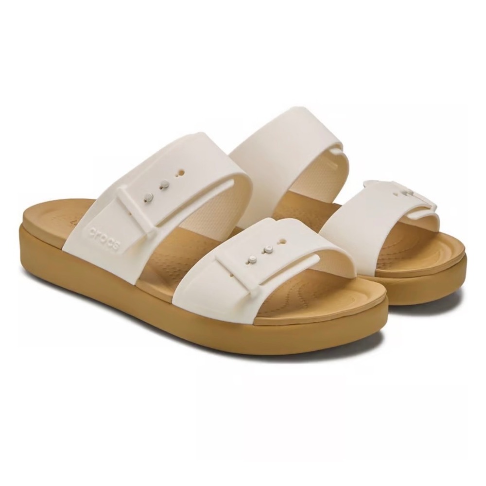 Crocs Brooklyn Low Buckle Womens Sandal Size 8 White Tan Wedge Slide NEW